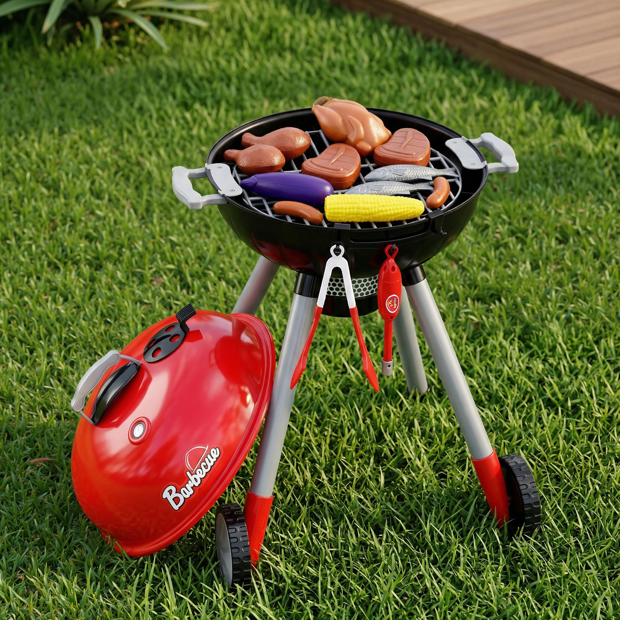 Keezi Kids Pretend Kitchen BBQ Playset Role Play Toy with charcoal Play Food Cup PLAY-BBQ-BK