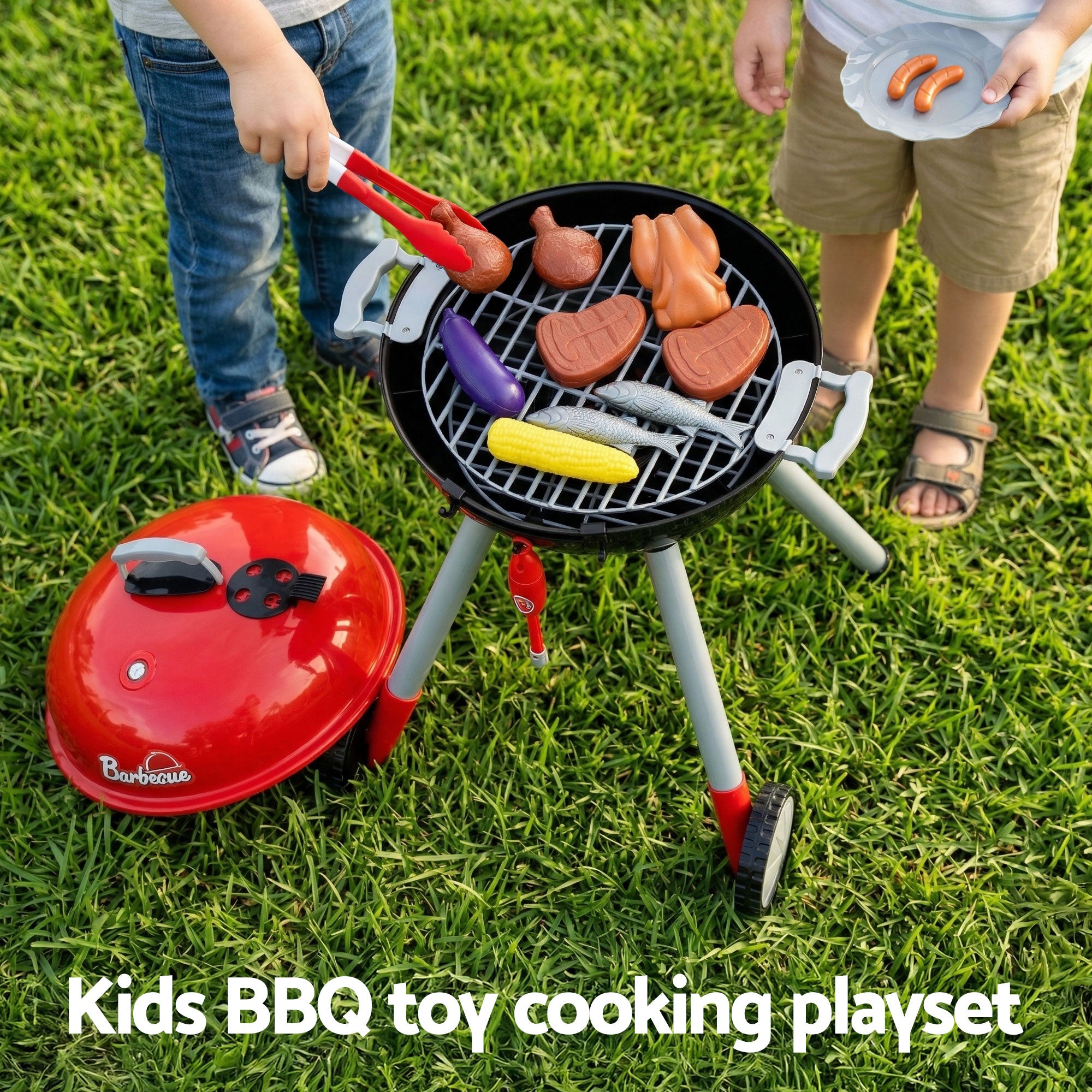 Keezi Kids Pretend Kitchen BBQ Playset Role Play Toy with charcoal Play Food Cup PLAY-BBQ-BK