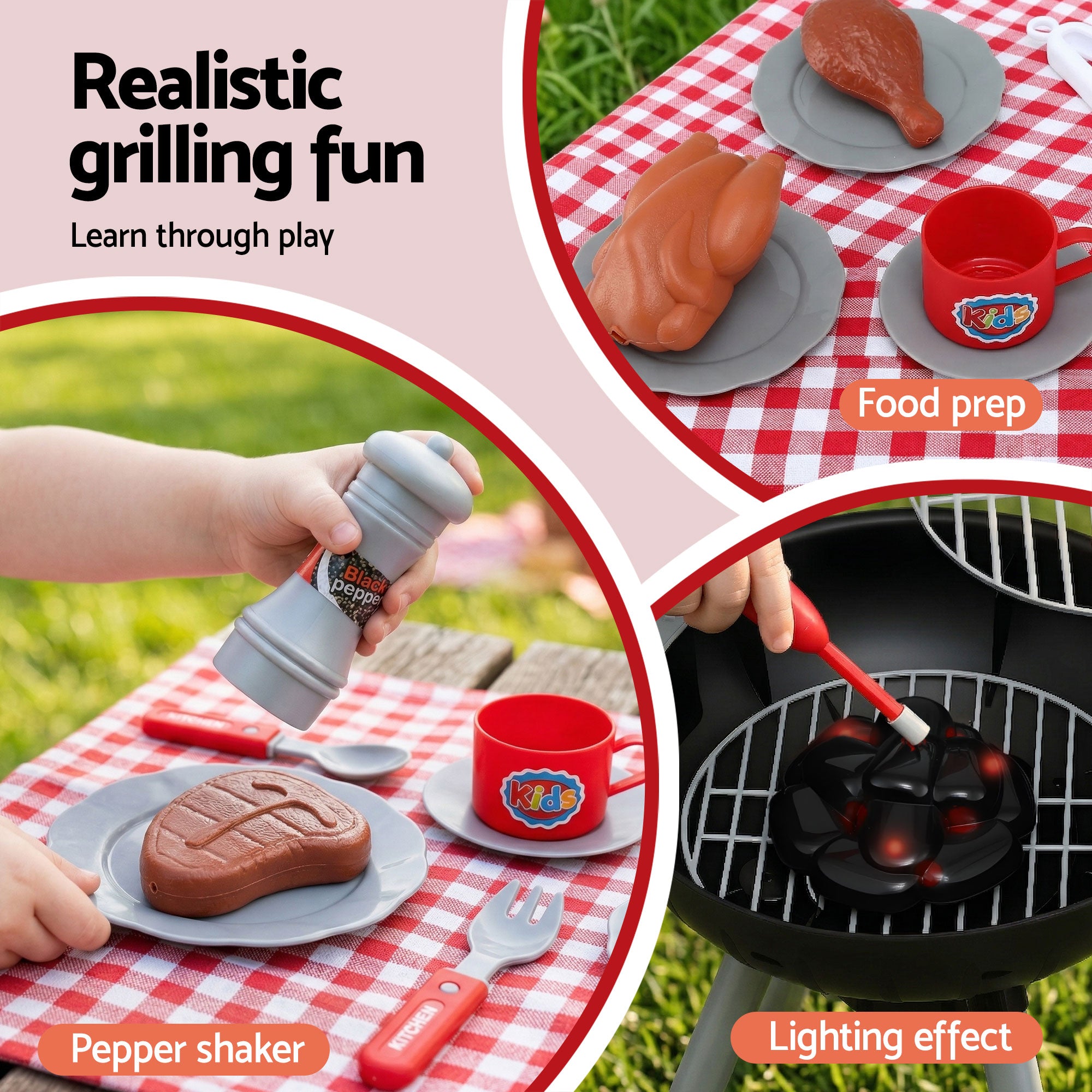 Keezi Kids Pretend Kitchen BBQ Playset Role Play Toy with charcoal Play Food Cup PLAY-BBQ-BK