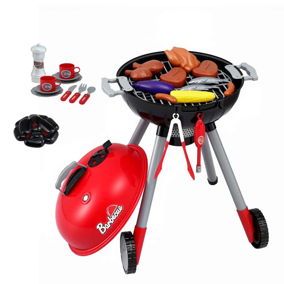 Keezi Kids Pretend Kitchen BBQ Playset Role Play Toy with charcoal Play Food Cup PLAY-BBQ-BK
