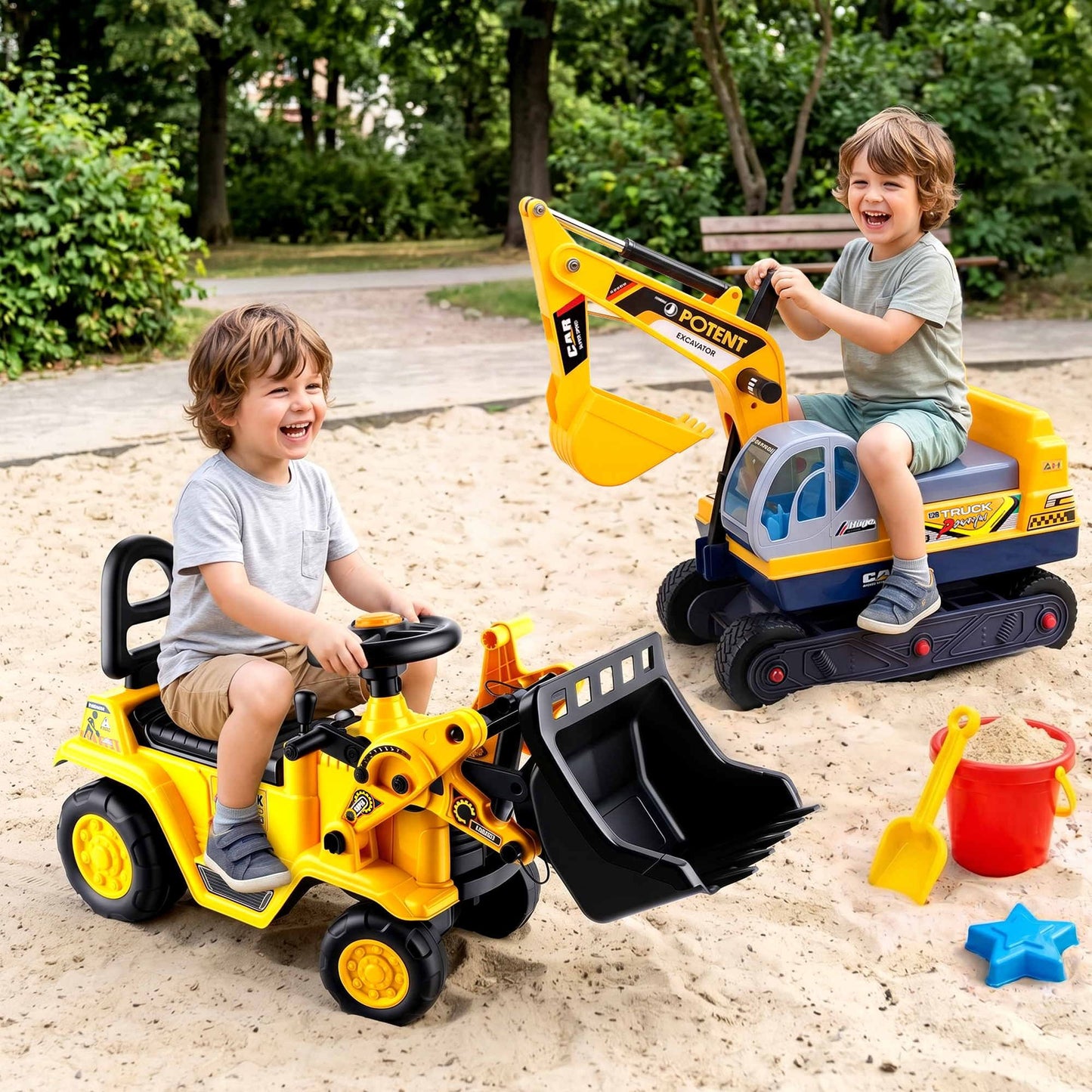 Keezi Kids Ride On Toy Car Bulldozer and Digger with Helmet Outdoor Sandpit Toys Yellow PLAY-CAR-BULXDIG