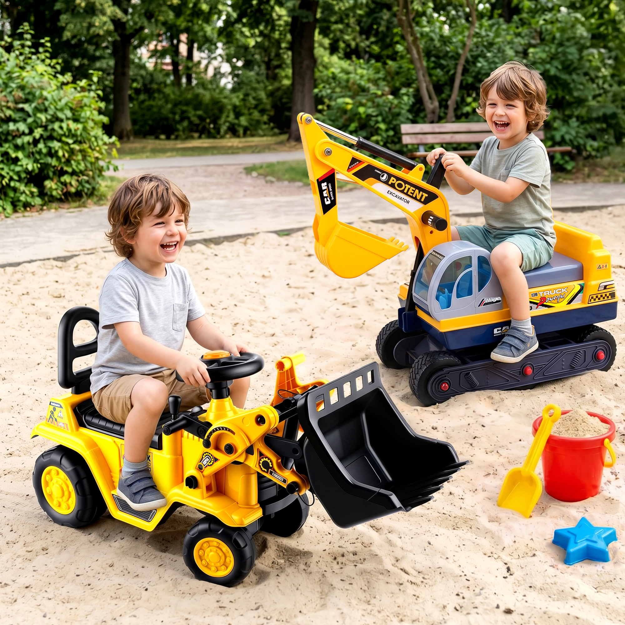Keezi Kids Ride On Toy Car Bulldozer and Digger with Helmet Outdoor Sandpit Toys Yellow PLAY-CAR-BULXDIG