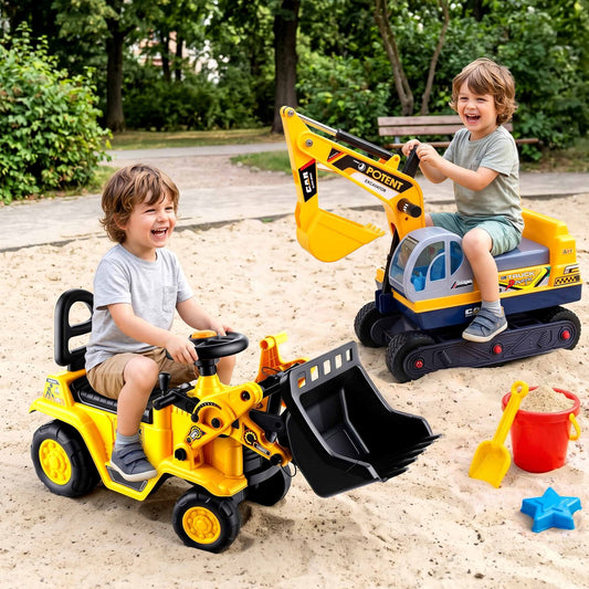 Keezi Kids Ride On Toy Car Bulldozer and Digger with Helmet Outdoor Sandpit Toys Yellow PLAY-CAR-BULXDIG