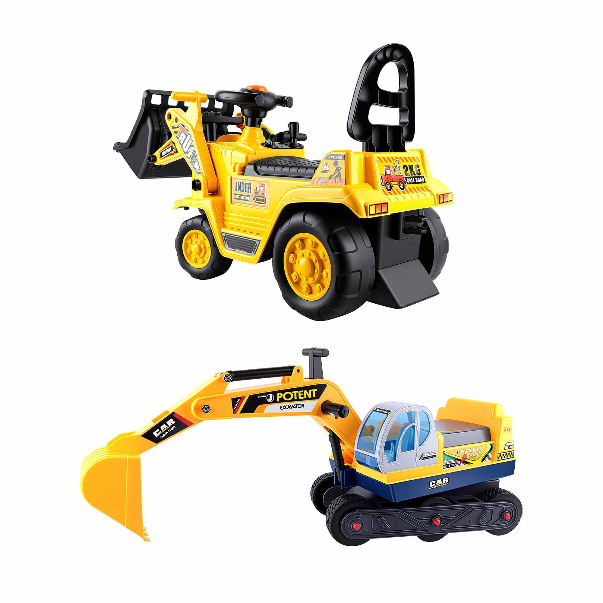 Keezi Kids Ride On Toy Car Bulldozer and Digger with Helmet Outdoor Sandpit Toys Yellow PLAY-CAR-BULXDIG