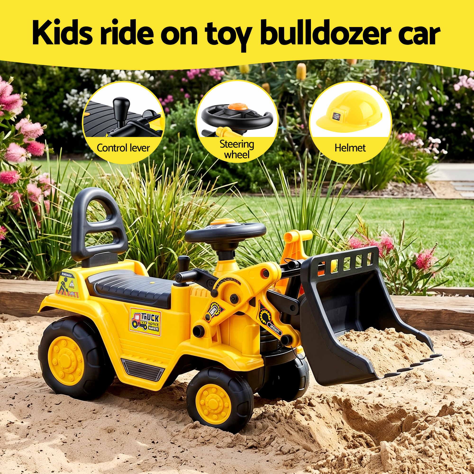 Keezi Kids Ride On Toy Car Bulldozer and Digger with Helmet Outdoor Sandpit Toys Yellow PLAY-CAR-BULXDIG