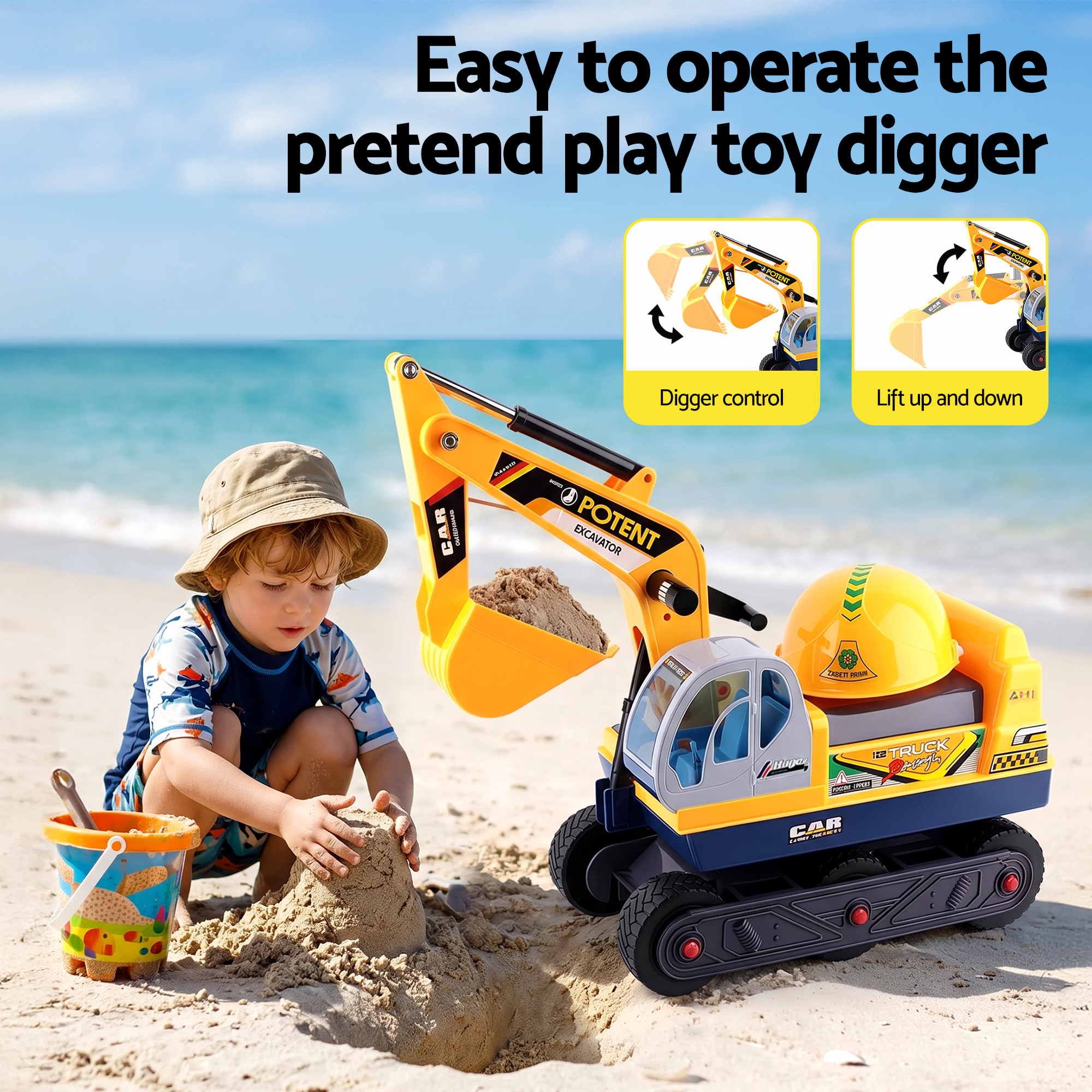 Keezi Kids Ride On Toy Car Bulldozer and Digger with Helmet Outdoor Sandpit Toys Yellow PLAY-CAR-BULXDIG