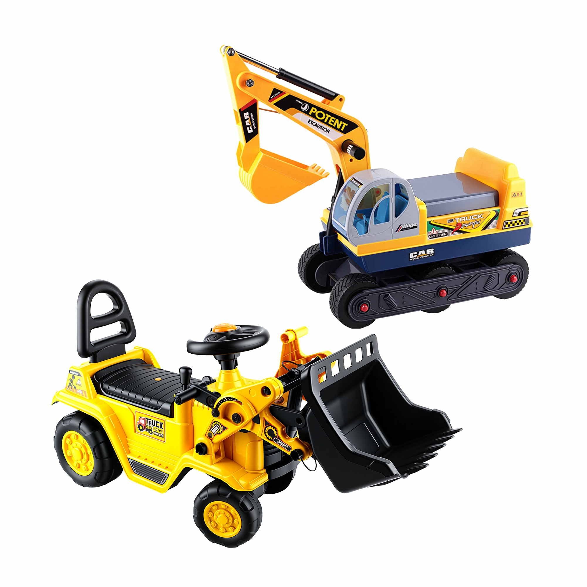 Keezi Kids Ride On Toy Car Bulldozer and Digger with Helmet Outdoor Sandpit Toys Yellow PLAY-CAR-BULXDIG