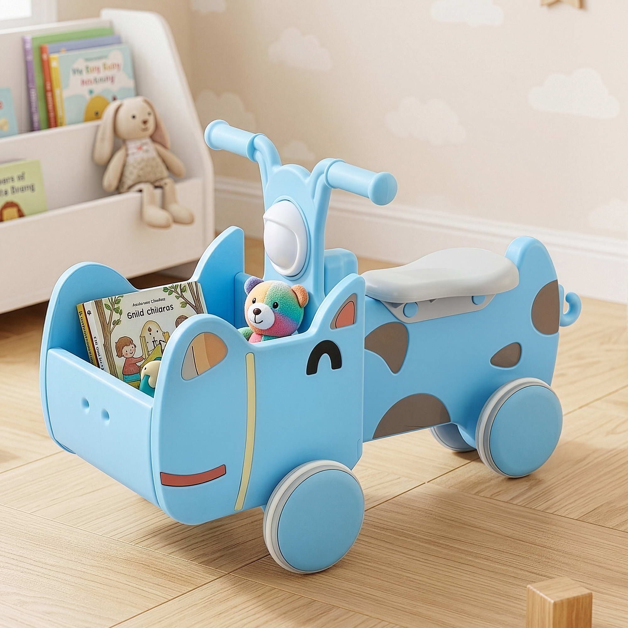 KEEZI Kids Ride On Push Car Toys with Storage Space Animal Stickers Blue 67CMX43CM PLAY-CAR-RHO-BU