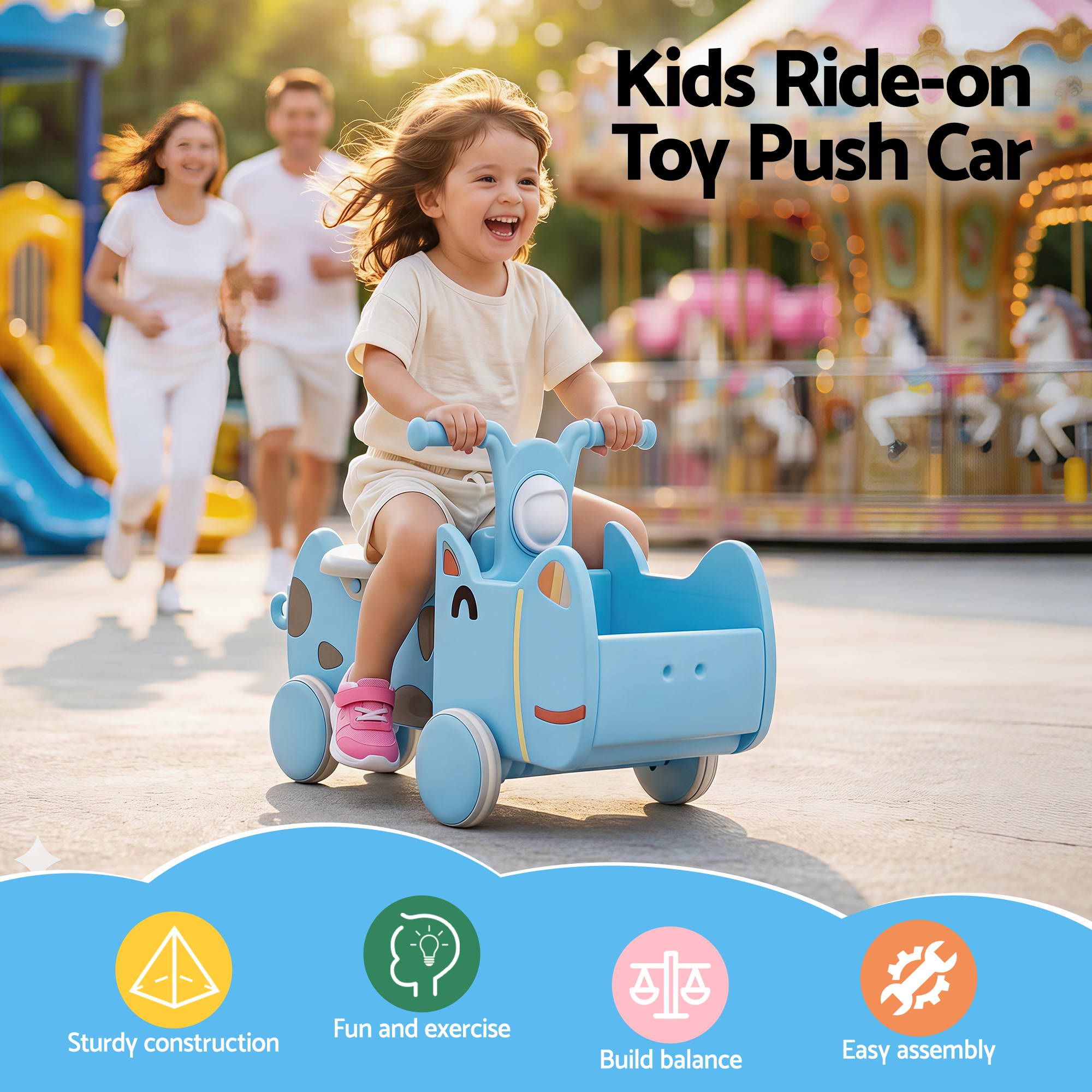 KEEZI Kids Ride On Push Car Toys with Storage Space Animal Stickers Blue 67CMX43CM PLAY-CAR-RHO-BU