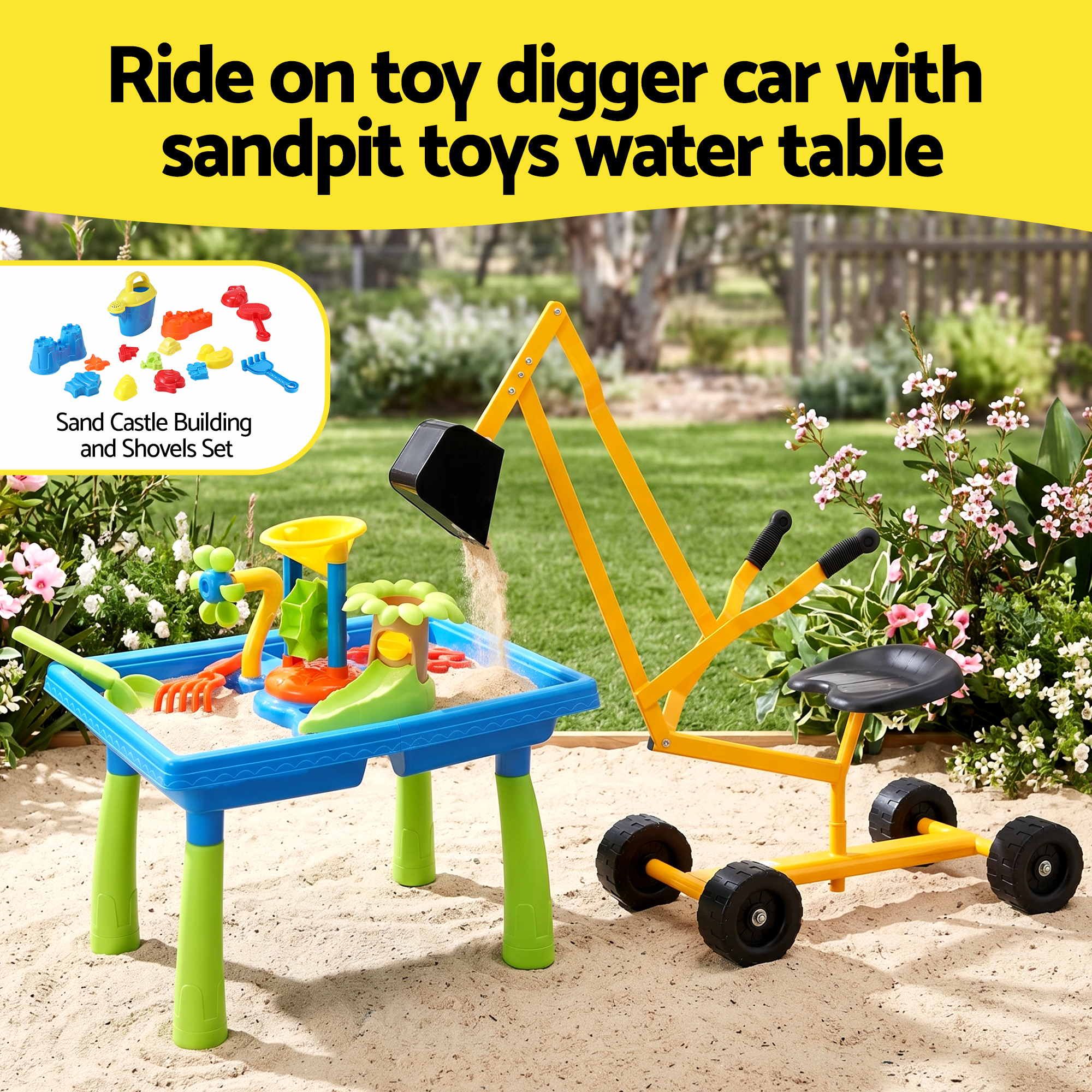 Keezi Ride On Digger with Sand and Water Table Sandpit Toys Set PLAY-DIGGER-WIND