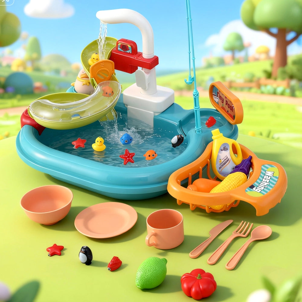 Keezi Kids Pretend Play Kitchen Sink with Faucet Floating Fishing Toys Play food PLAY-SINK-GN