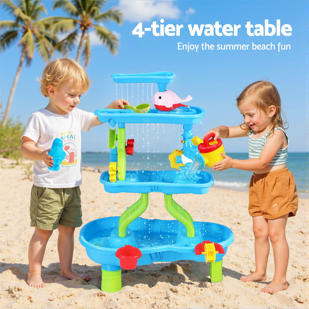 Keezi Kids Sand and Water Table 4-Tier Waterfall Sandpit Toys Beach Shovel PLAY-WATER-4LVL-BU