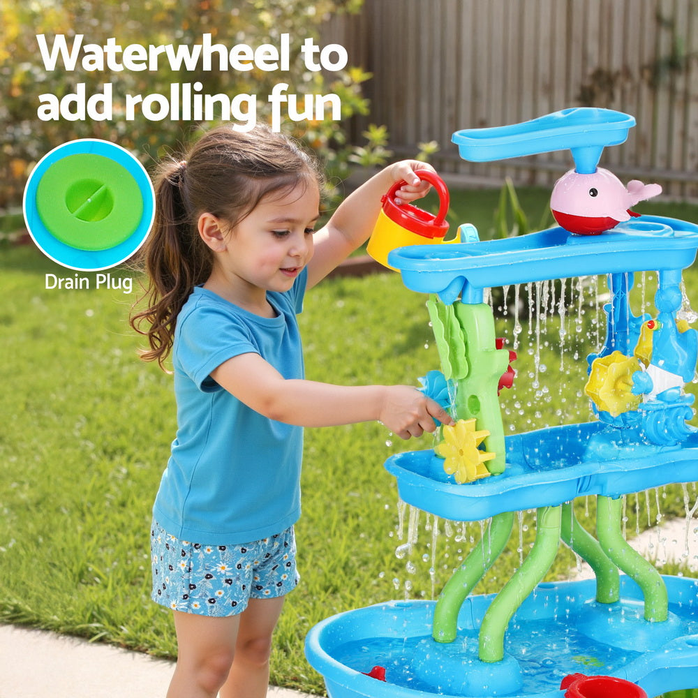 Keezi Kids Sand and Water Table 4-Tier Waterfall Sandpit Toys Beach Shovel PLAY-WATER-4LVL-BU