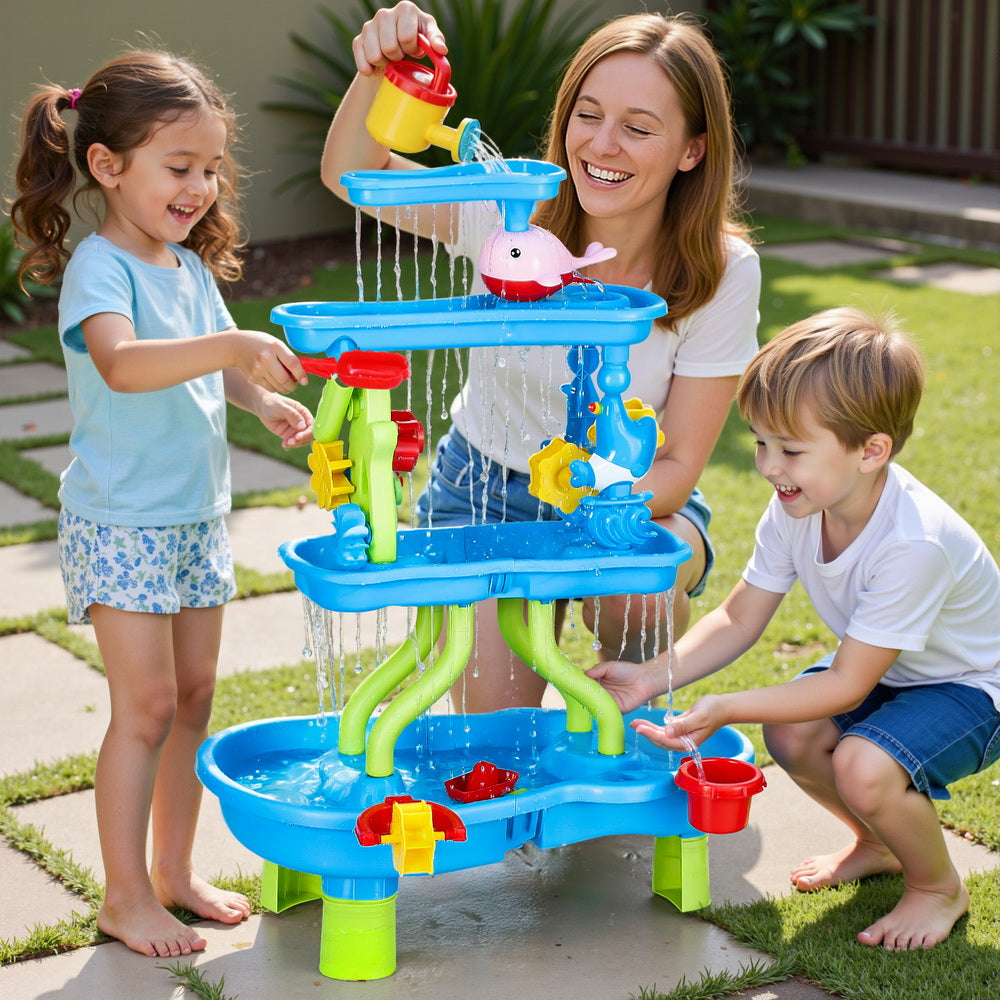 Keezi Kids Sand and Water Table 4-Tier Waterfall Sandpit Toys Beach Shovel PLAY-WATER-4LVL-BU