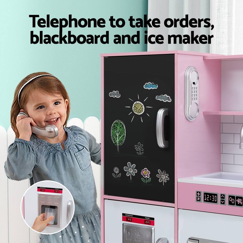Keezi Kids Wooden Pretend Kitchen Play Set Cooking Toys Pot Ice Cup Oven Blackboard 80CM Pink PLAY-WOOD-BOARD-PK
