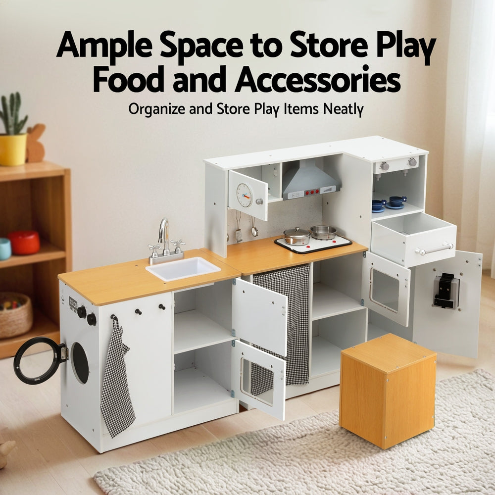 Keezi Kids Kitchen Playset 2-Piece Wooden Pretend Play Coffee Maker Toy 80CM White PLAY-WOOD-COMBINATION-WH