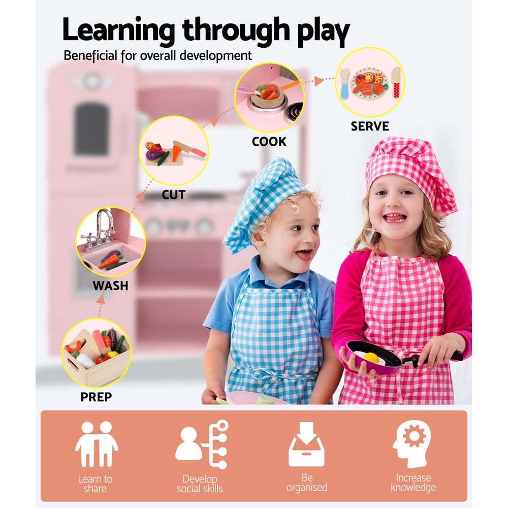 Keezi Kids Kitchen Play Set Wooden Pretend Toys Cooking Children Food Pink PLAY-WOOD-DISPENSER3IN1-B-PINK