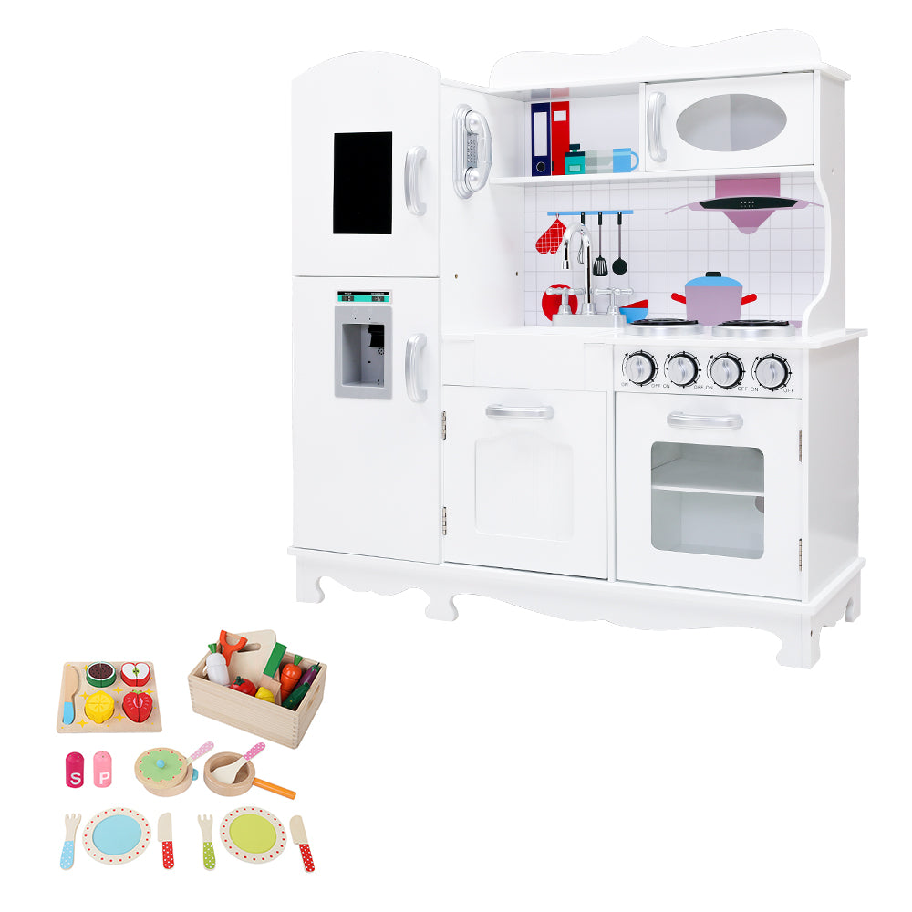 Keezi Kids Kitchen Play Set Wooden Pretend Toys Cooking Children Food White PLAY-WOOD-DISPENSER3IN1-B-WH