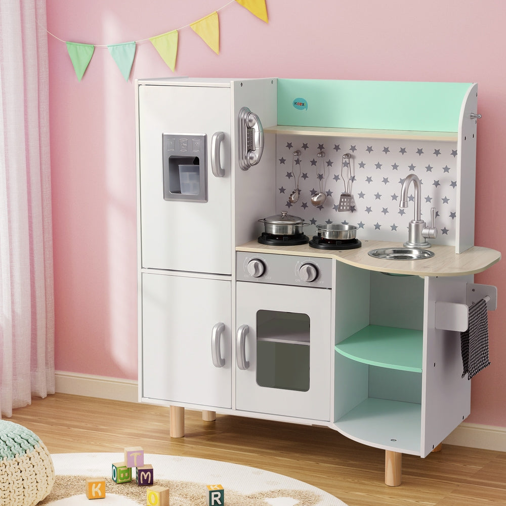 Keezi Kids Wooden Pretend Kitchen Play Sets Cooking Toys Oven Fridge 85CM Green PLAY-WOOD-FRIDGE-GN
