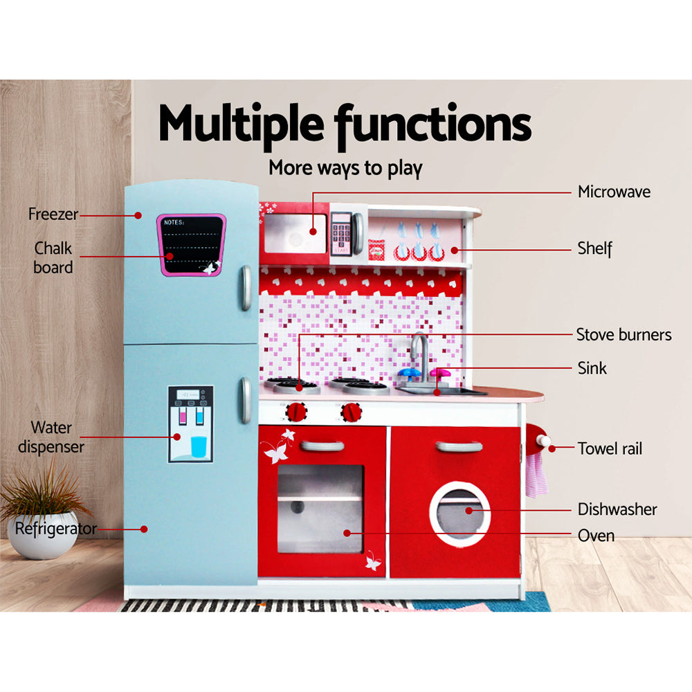 Keezi Kids Kitchen Play Set Wooden Pretend Toys Cooking Children Fridge Oven Red PLAY-WOOD-FRIDGE-PINK