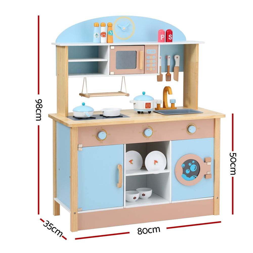Keezi Kids Wooden Pretend Kitchen Play Sets Cooking Toys Pot Pan Bowls Oven Dishwasher 80CM Blue PLAY-WOOD-MICROWAVE-BL