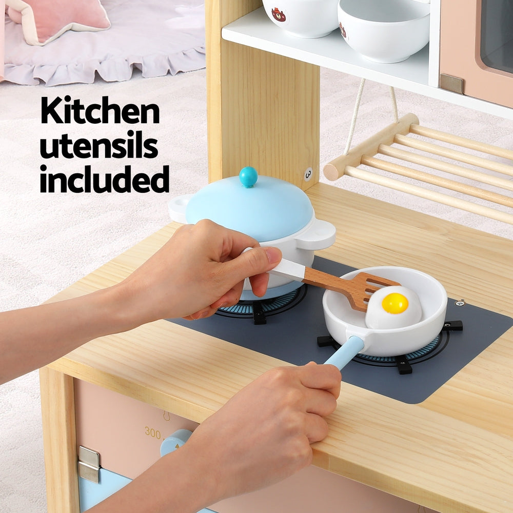 Keezi Kids Wooden Pretend Kitchen Play Sets Cooking Toys Pot Pan Bowls Oven Dishwasher 80CM Blue PLAY-WOOD-MICROWAVE-BL