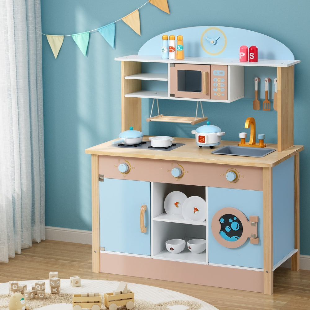 Keezi Kids Wooden Pretend Kitchen Play Sets Cooking Toys Pot Pan Bowls Oven Dishwasher 80CM Blue PLAY-WOOD-MICROWAVE-BL