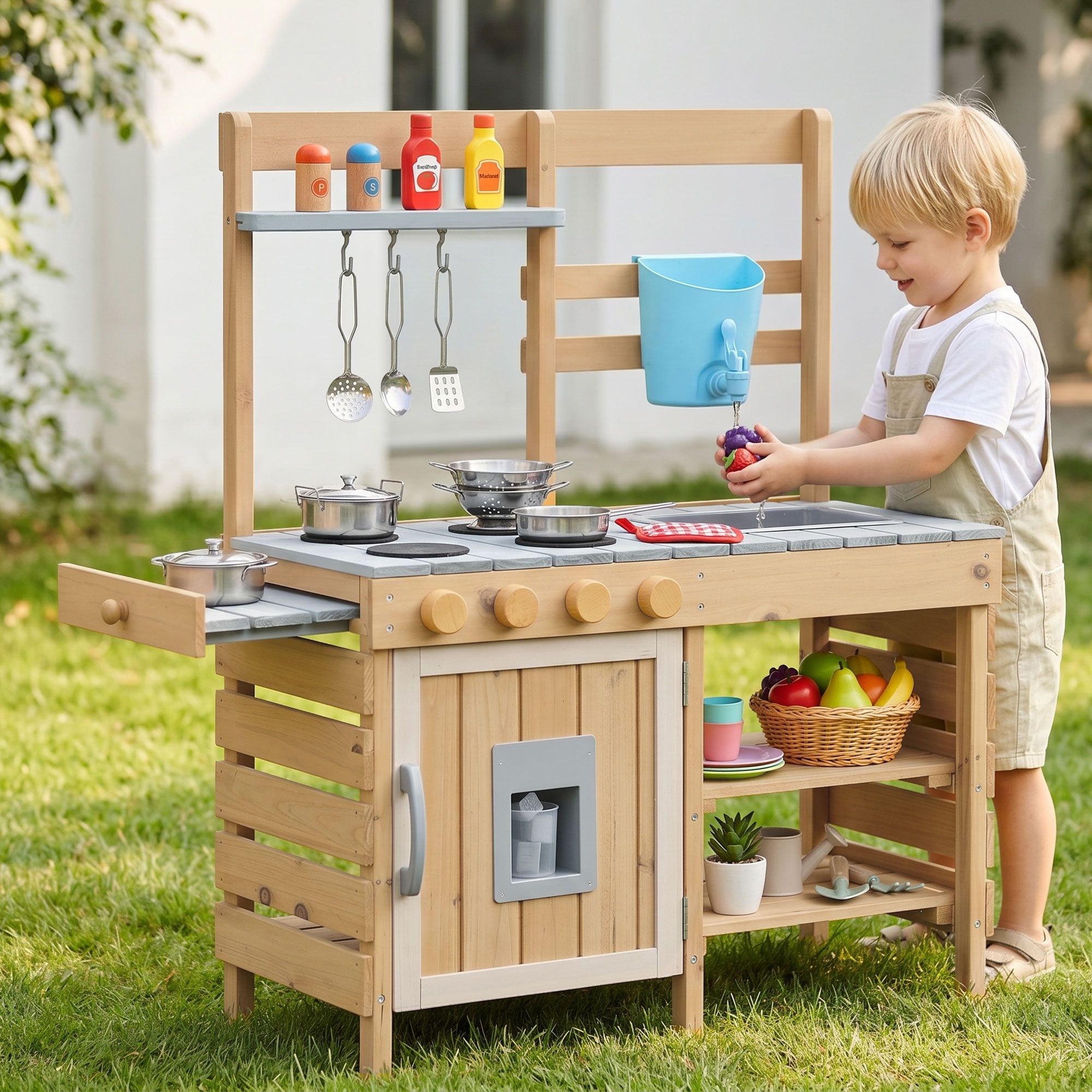 Keezi Kids Kitchen Playset Wooden Play Kitchen Mud Kitchen Toy Kitchen 95cm Tall PLAY-WOOD-POT-SINK