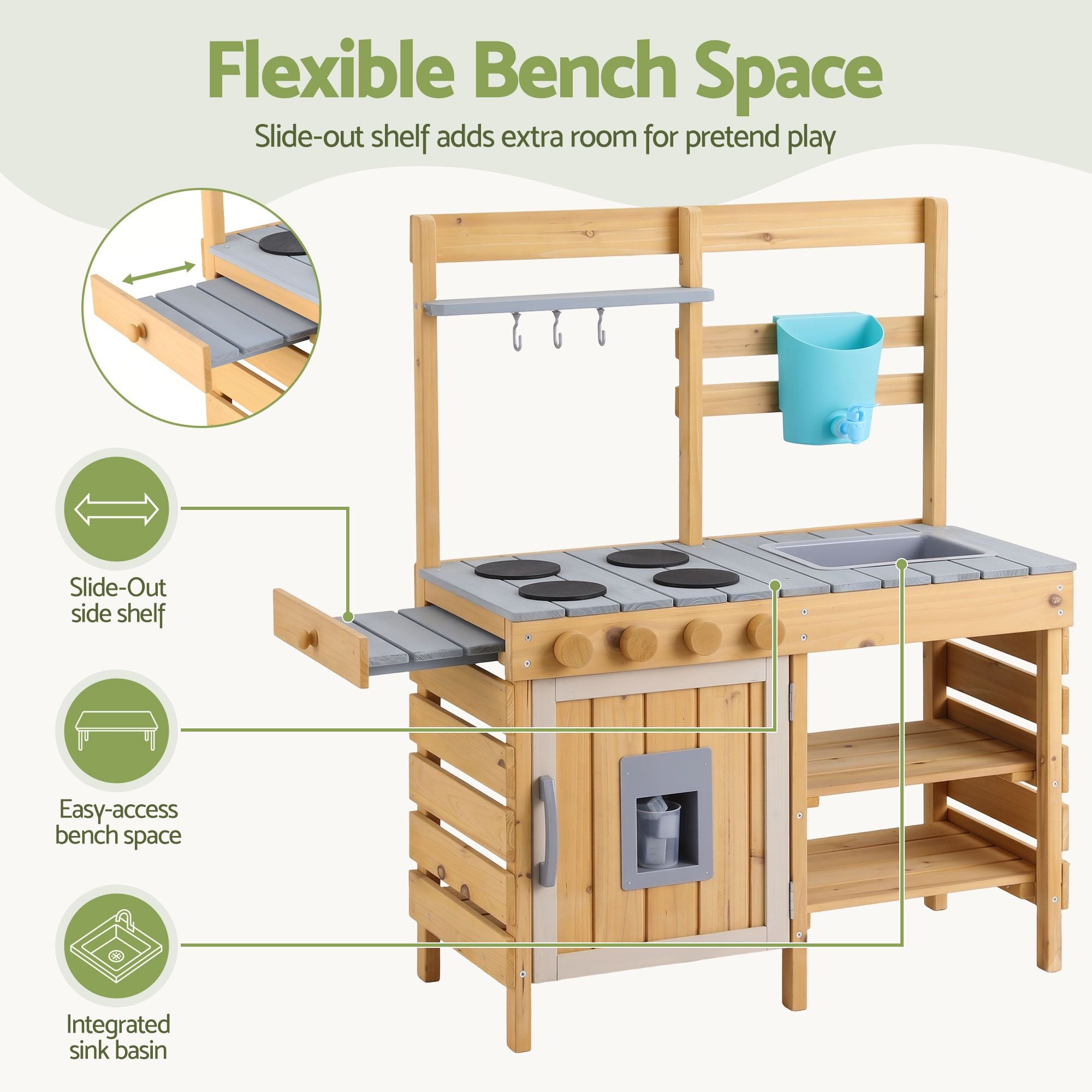 Keezi Kids Kitchen Playset Wooden Play Kitchen Mud Kitchen Toy Kitchen 95cm Tall PLAY-WOOD-POT-SINK