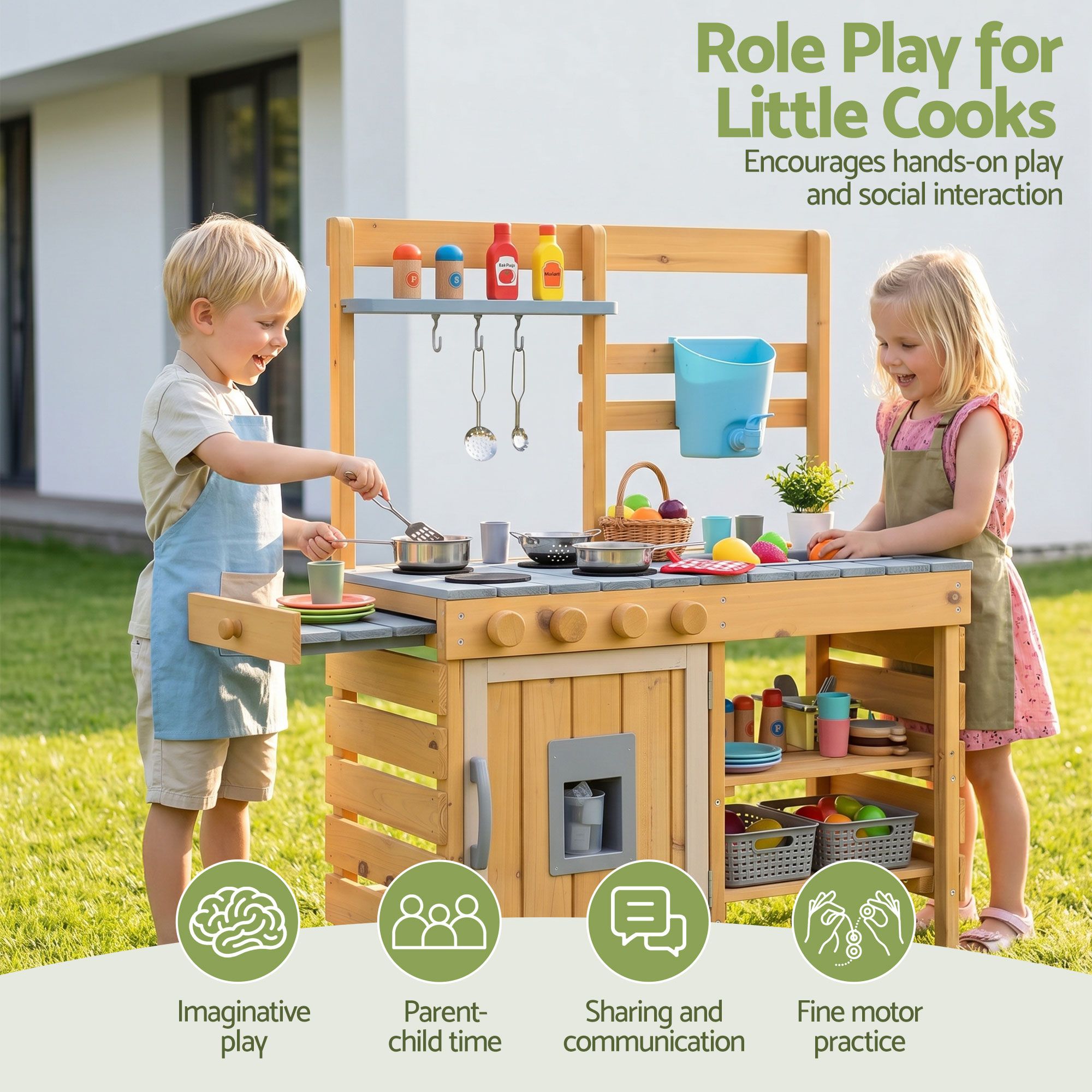 Keezi Kids Kitchen Playset Wooden Play Kitchen Mud Kitchen Toy Kitchen 95cm Tall PLAY-WOOD-POT-SINK
