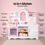 Keezi Wooden Kids Pretend Kitchen Playset with 29pc Food Set Pink White