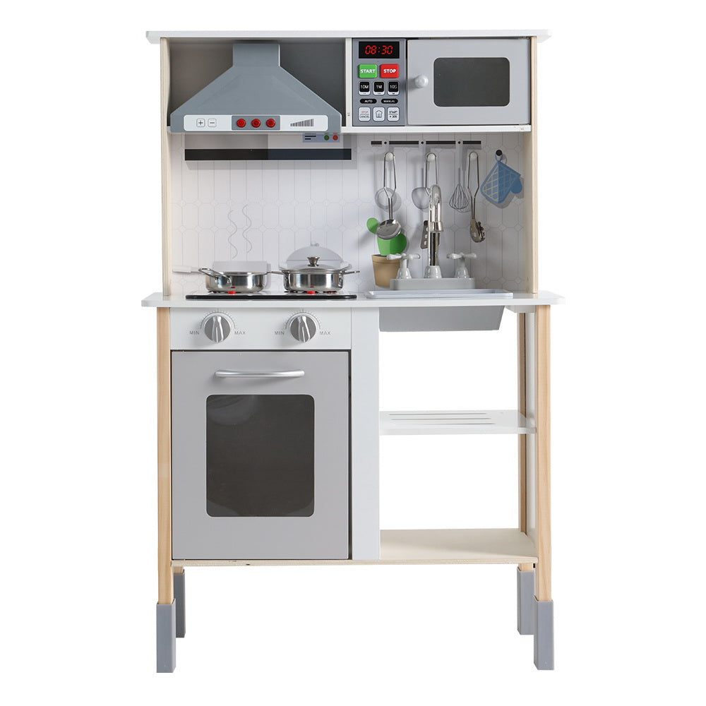 Keezi Kids Kitchen Play Set Wooden Pretend Toys Cooking Children Cookware Sink PLAY-WOOD-RANGEHOOD-WH