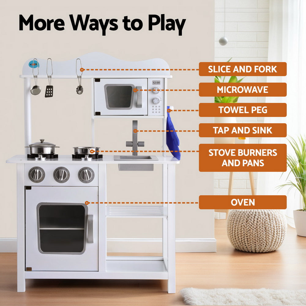 Keezi Kids Kitchen Play Set Wooden Pretend Toys Cooking Children Cookware Food PLAY-WOOD-STAND-WH