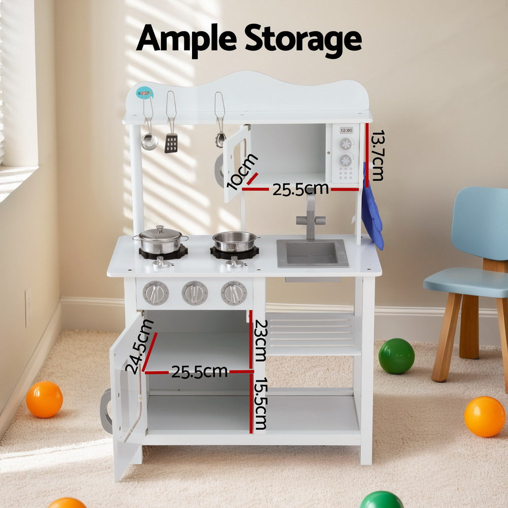 Keezi Kids Kitchen Play Set Wooden Pretend Toys Cooking Children Cookware Food PLAY-WOOD-STAND-WH