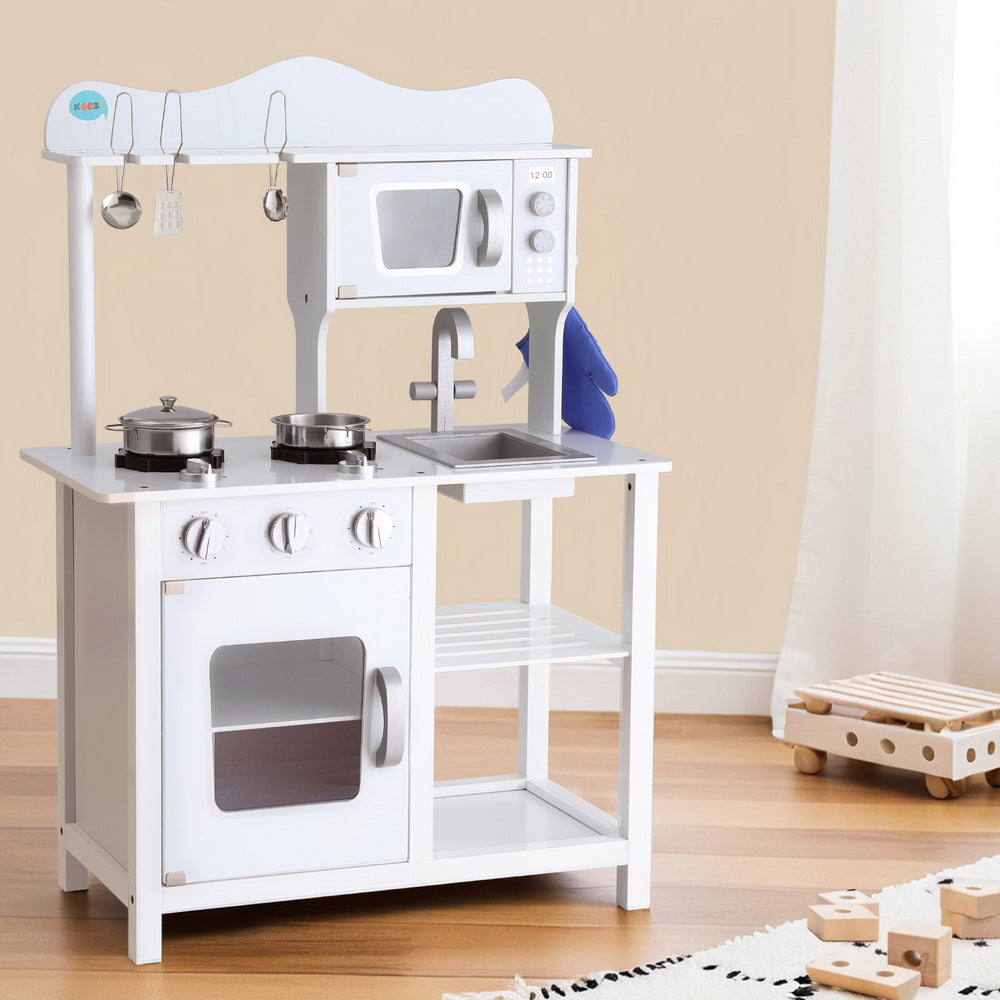 Keezi Kids Kitchen Play Set Wooden Pretend Toys Cooking Children Cookware Food PLAY-WOOD-STAND-WH