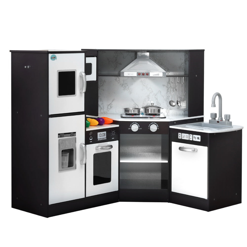 Keezi Kids Kitchen Play Set Wooden Pretend Cooking Playset w/Sounds Lights Black PLAY-WOOD-TAP-BK