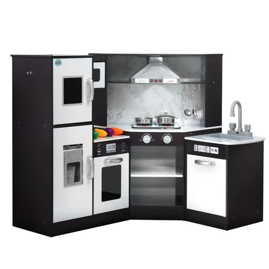 Keezi Kids Kitchen Play Set Wooden Pretend Cooking Playset w/Sounds Lights Black PLAY-WOOD-TAP-BK