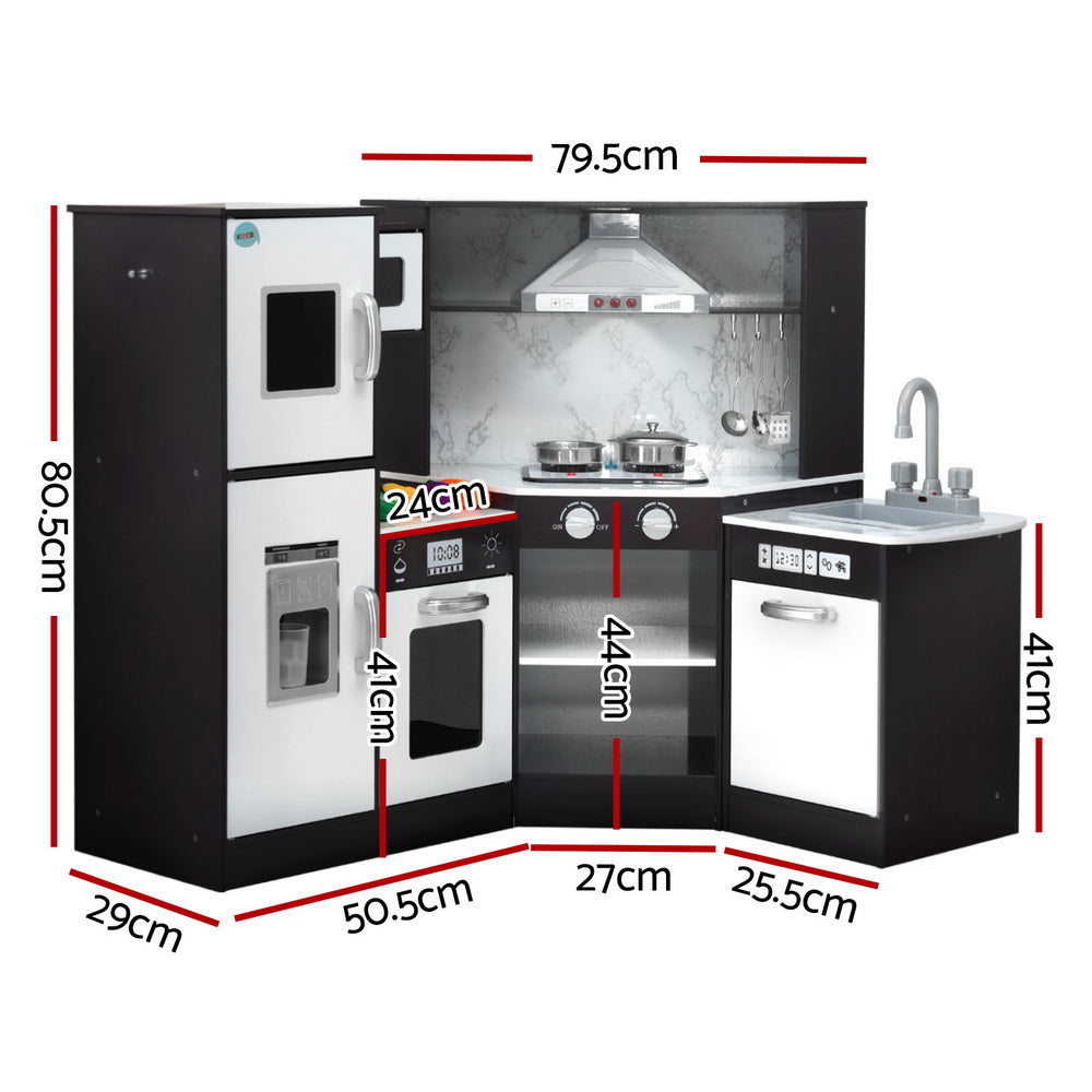 Keezi Kids Kitchen Play Set Wooden Pretend Cooking Playset w/Sounds Lights Black PLAY-WOOD-TAP-BK