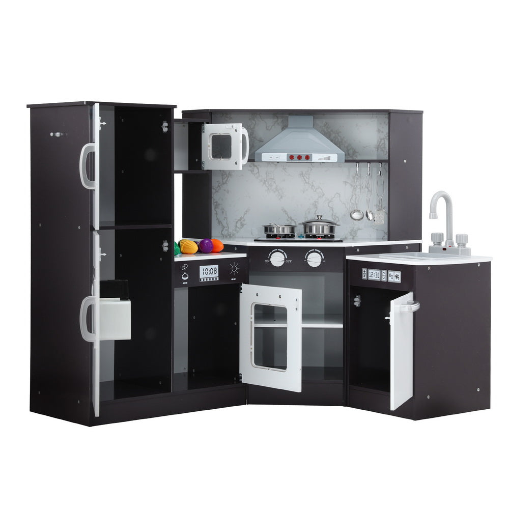 Keezi Kids Kitchen Play Set Wooden Pretend Cooking Playset w/Sounds Lights Black PLAY-WOOD-TAP-BK
