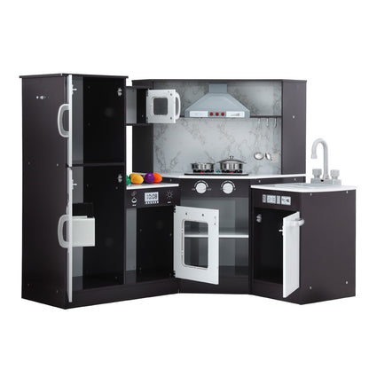 Keezi Kids Kitchen Play Set Wooden Pretend Cooking Playset w/Sounds Lights Black PLAY-WOOD-TAP-BK
