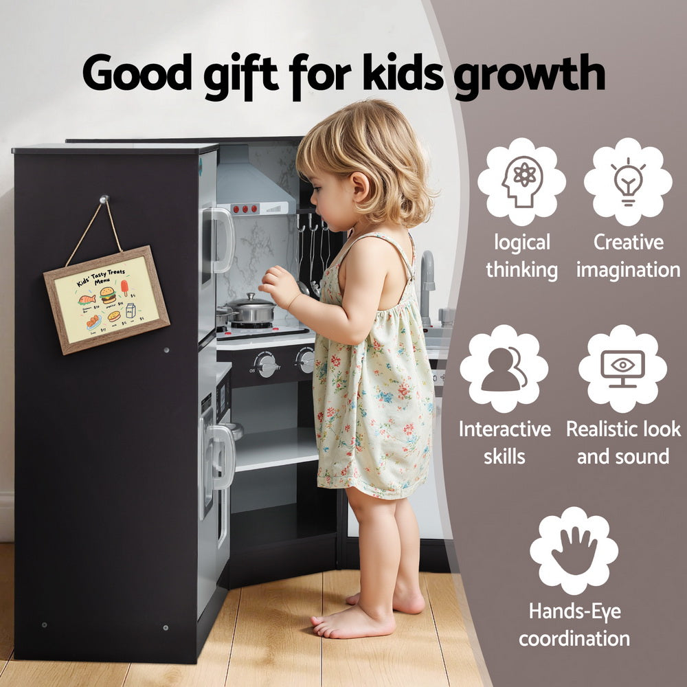 Keezi Kids Kitchen Play Set Wooden Pretend Cooking Playset w/Sounds Lights Black PLAY-WOOD-TAP-BK