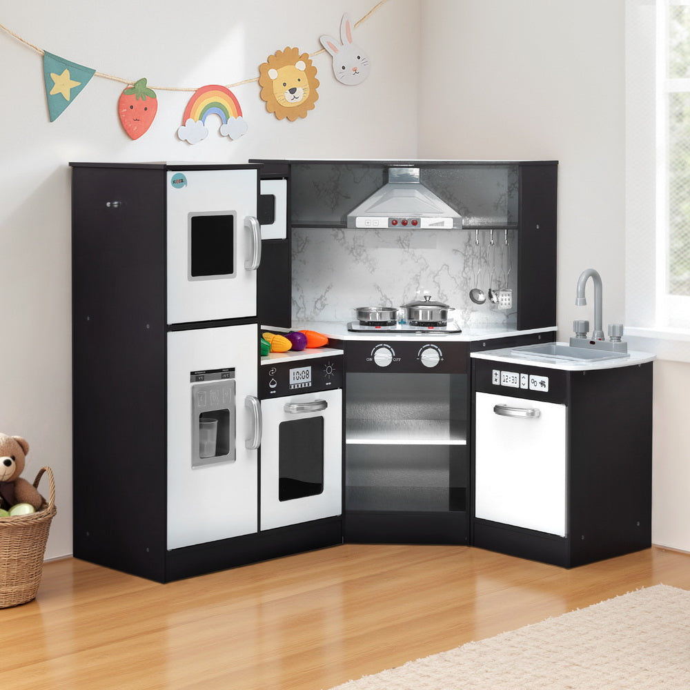 Keezi Kids Kitchen Play Set Wooden Pretend Cooking Playset w/Sounds Lights Black PLAY-WOOD-TAP-BK
