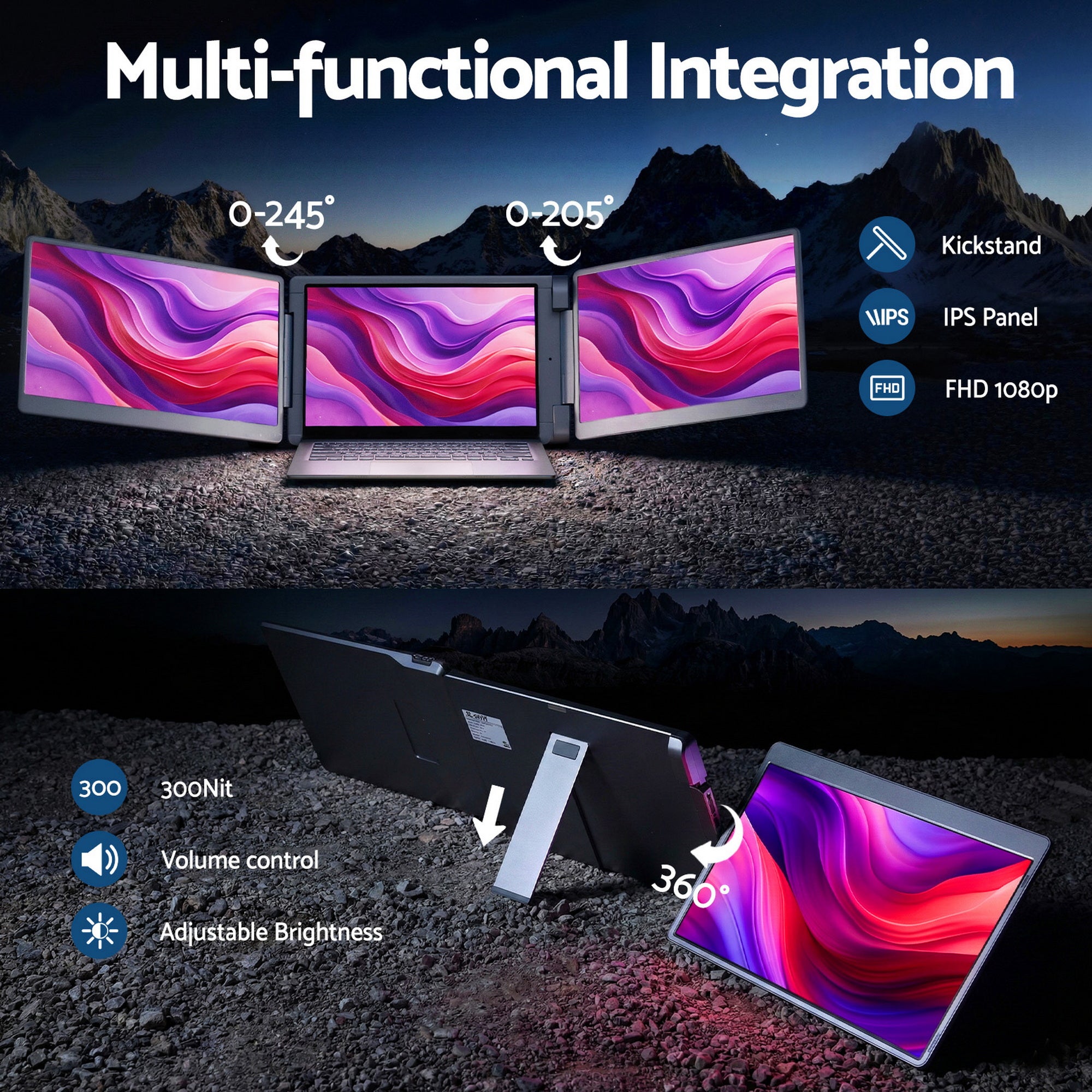 Devanti Triple Portable Monitor Laptop Screen Extender 15.6" Dual Display FHD IPS PM-S10-SI