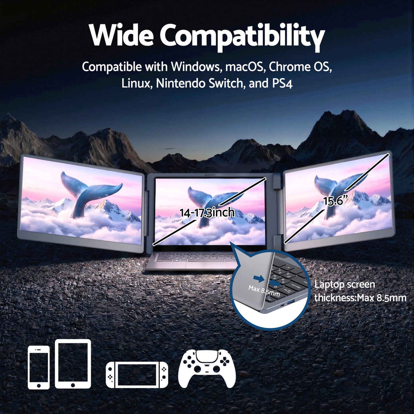 Devanti Triple Portable Monitor Laptop Screen Extender 15.6" Dual Display FHD IPS PM-S10-SI