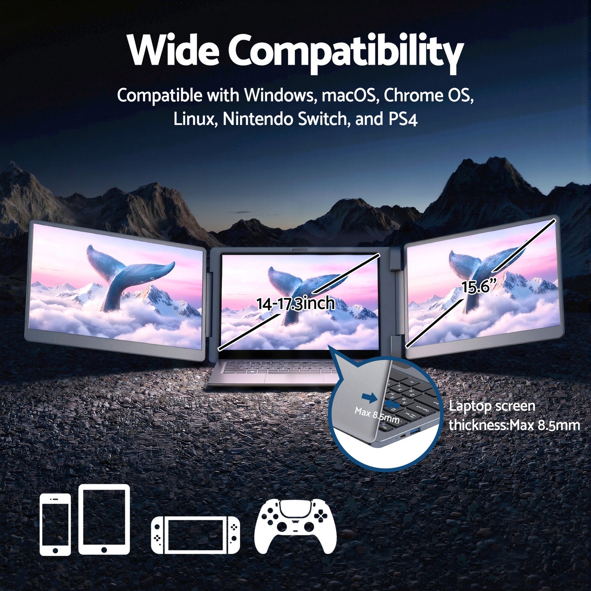 Devanti Triple Portable Monitor Laptop Screen Extender 15.6" Dual Display FHD IPS PM-S10-SI