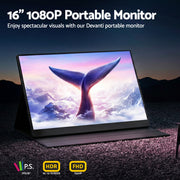 Devanti Portable Monitor Laptop Extender USB C Travel Display 16 Inch Black PM-S4-BK