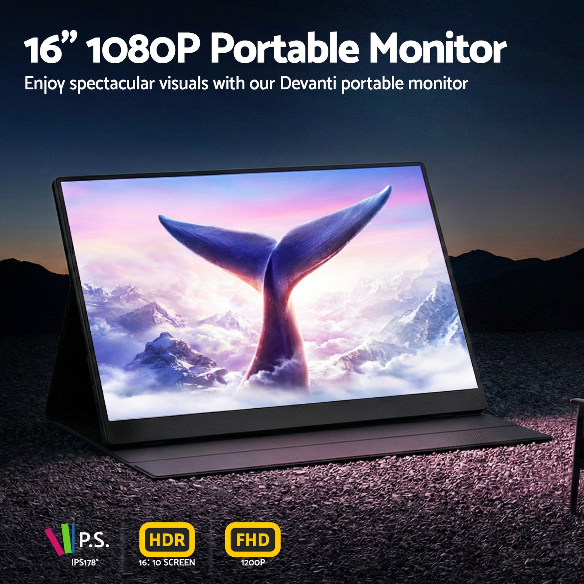 Devanti Portable Monitor Laptop Extender USB C Travel Display 16 Inch Black PM-S4-BK