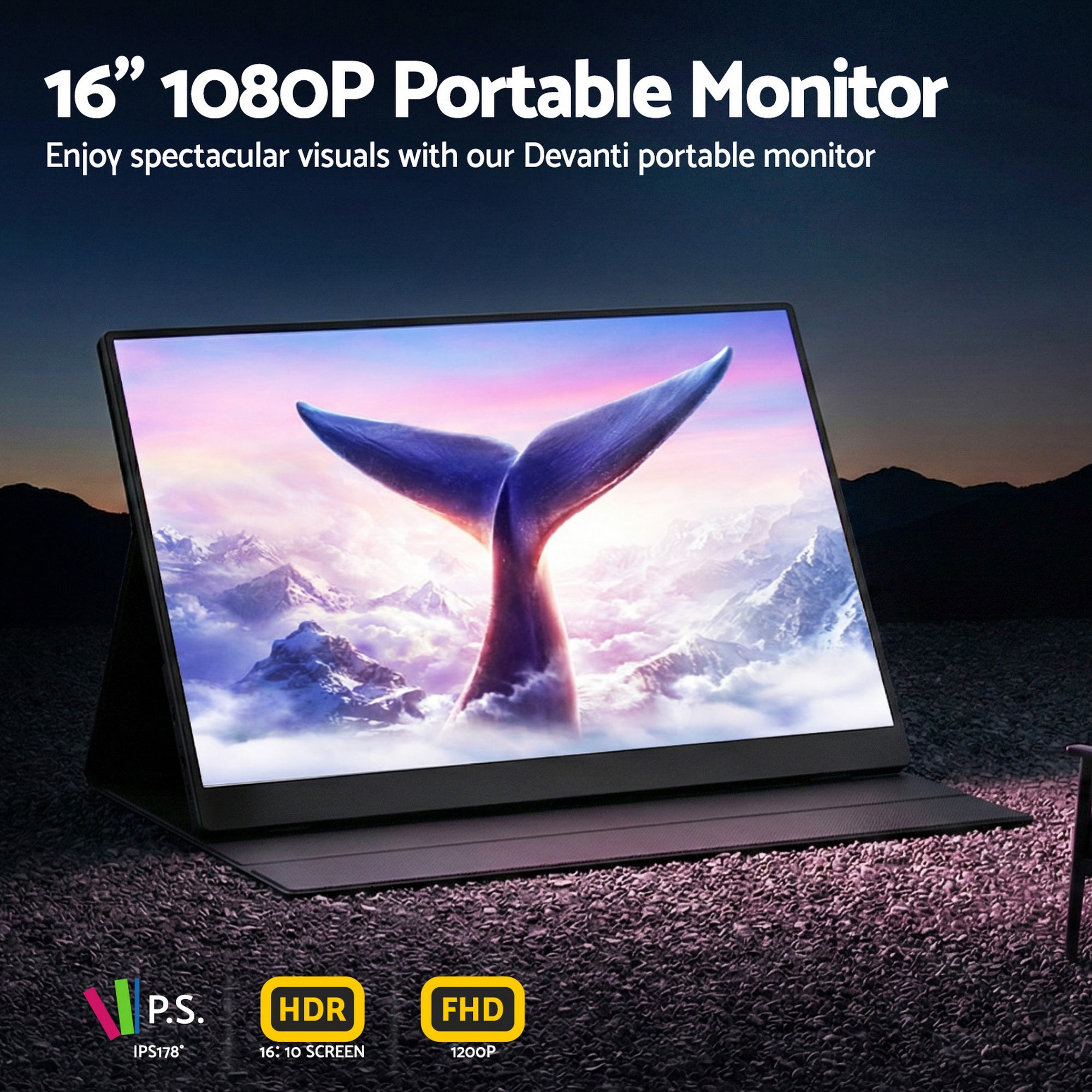 Devanti Portable Monitor Laptop Extender USB C Travel Display 16 Inch Black PM-S4-BK