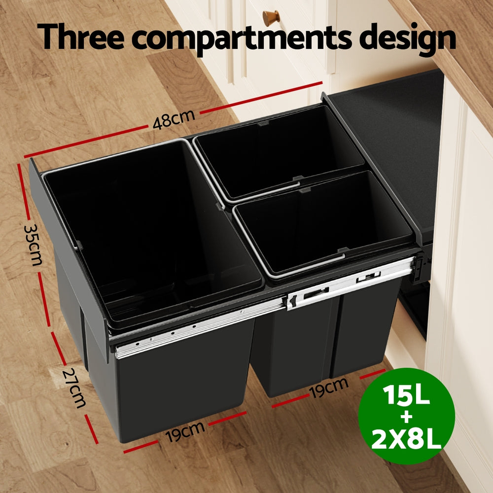 Cefito Pull Out Bin Kitchen Triple Slide Garbage Rubbish Bins Basket Blcak 31L POT-BIN-31L-3C-BK