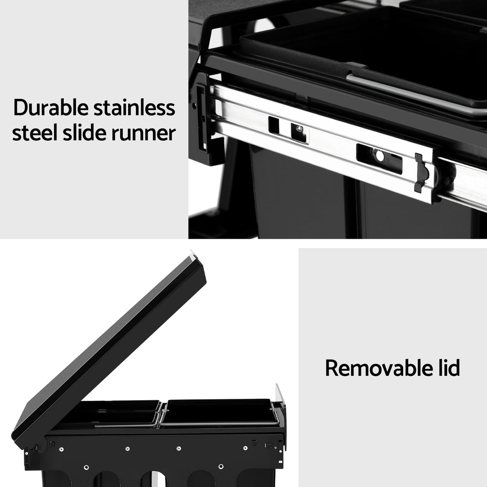 Cefito Pull Out Bin Kitchen Triple Slide Garbage Rubbish Bins Basket Blcak 31L POT-BIN-31L-3C-BK